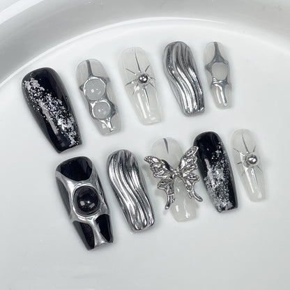 Textura metálica avançada simples, escura, doce e fria, Spice Girls, média e longa, unhas de pressão feitas à mão ｜ 365nails