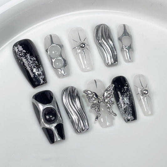 Textura metálica avançada simples, escura, doce e fria, Spice Girls, média e longa, unhas de pressão feitas à mão ｜ 365nails