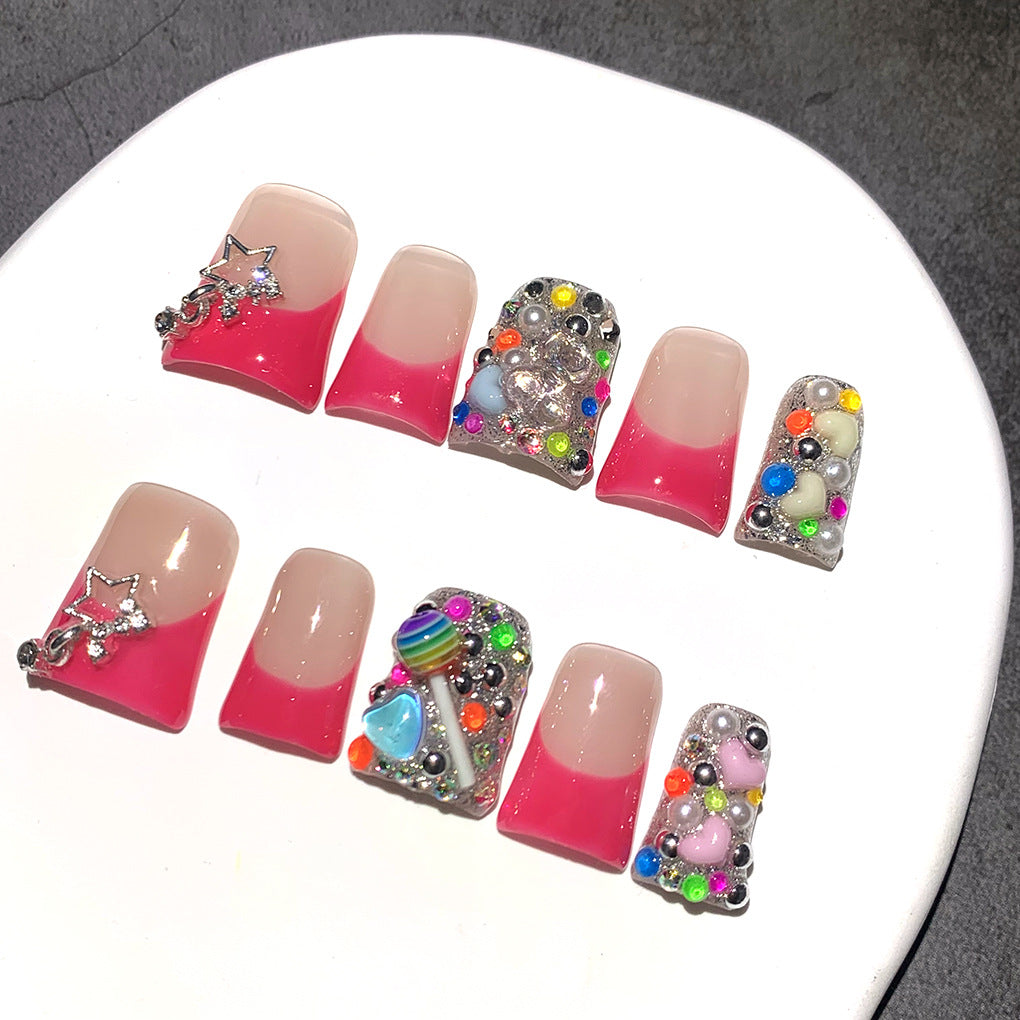 Red Gradient Nails with Star and Multicolor Crystal Accents