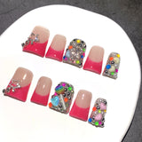 Red Gradient Nails with Star and Multicolor Crystal Accents