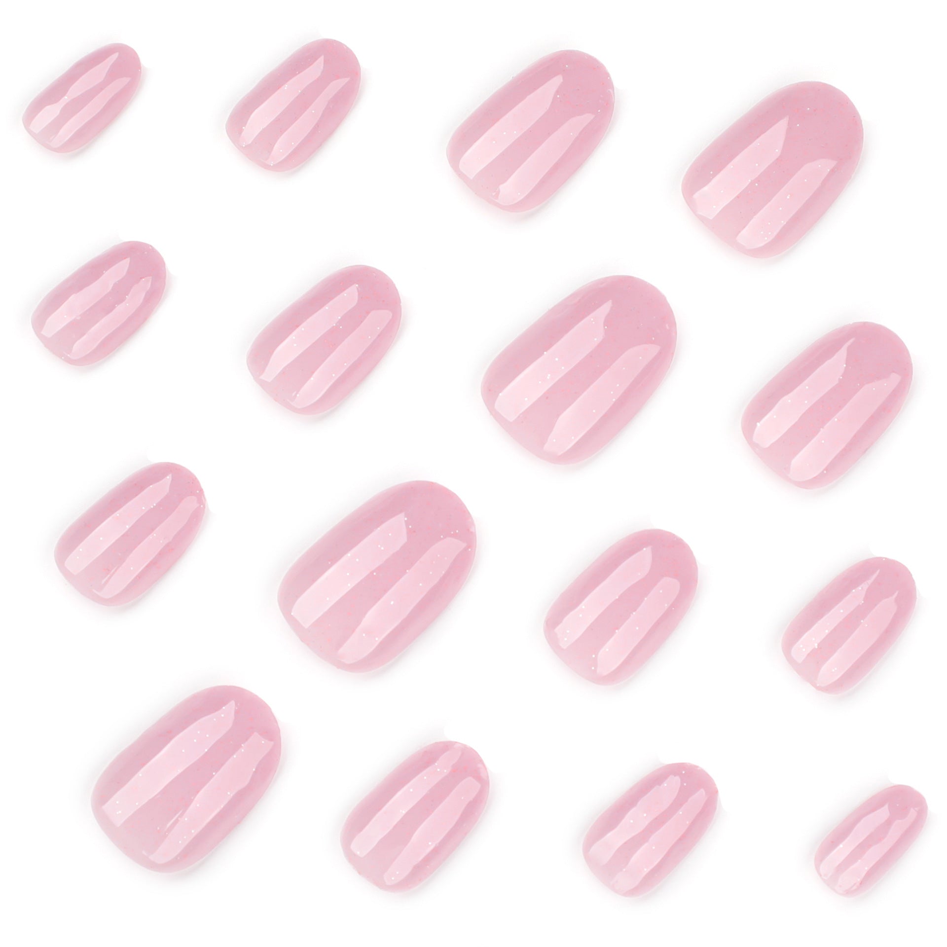 Ongles press-on simples, courts — rose, forme ronde, paillettes brillantes