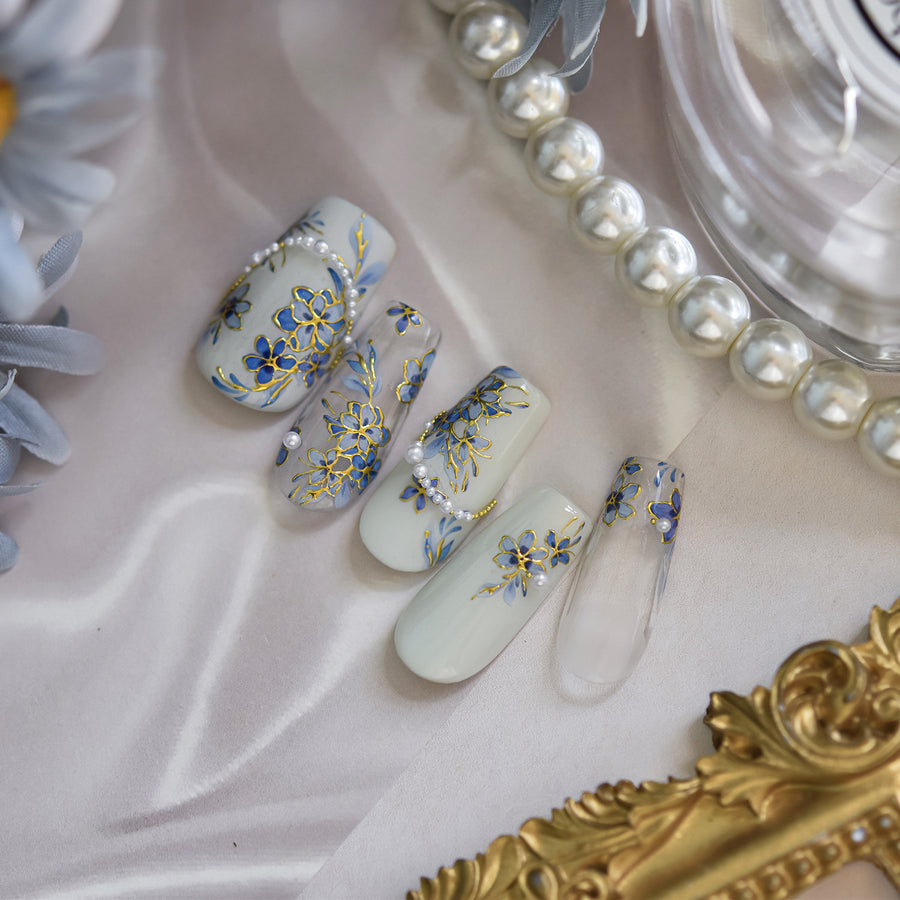 Blue Floral Metallic Collection: "Elegant Cornflower" – 3D Embossed Nail Sticker