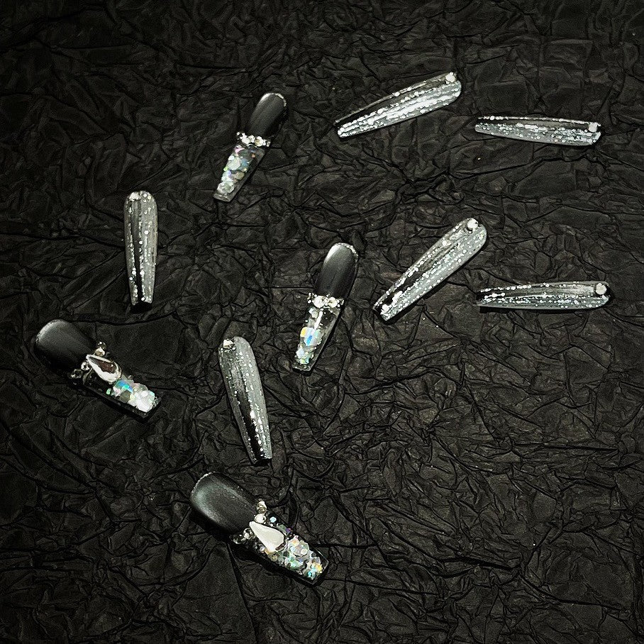 [Black Ice] White Gray Glass Beads Cat's Eye Four Fingers Platinum Quicksand Press On Nail