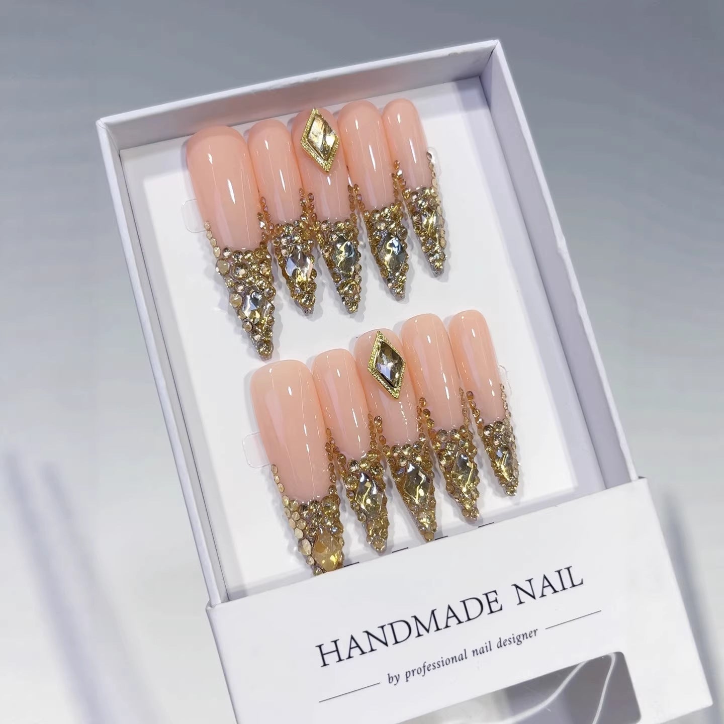 Nude Gold Crystal Drip Luxe Statement Press On Nails