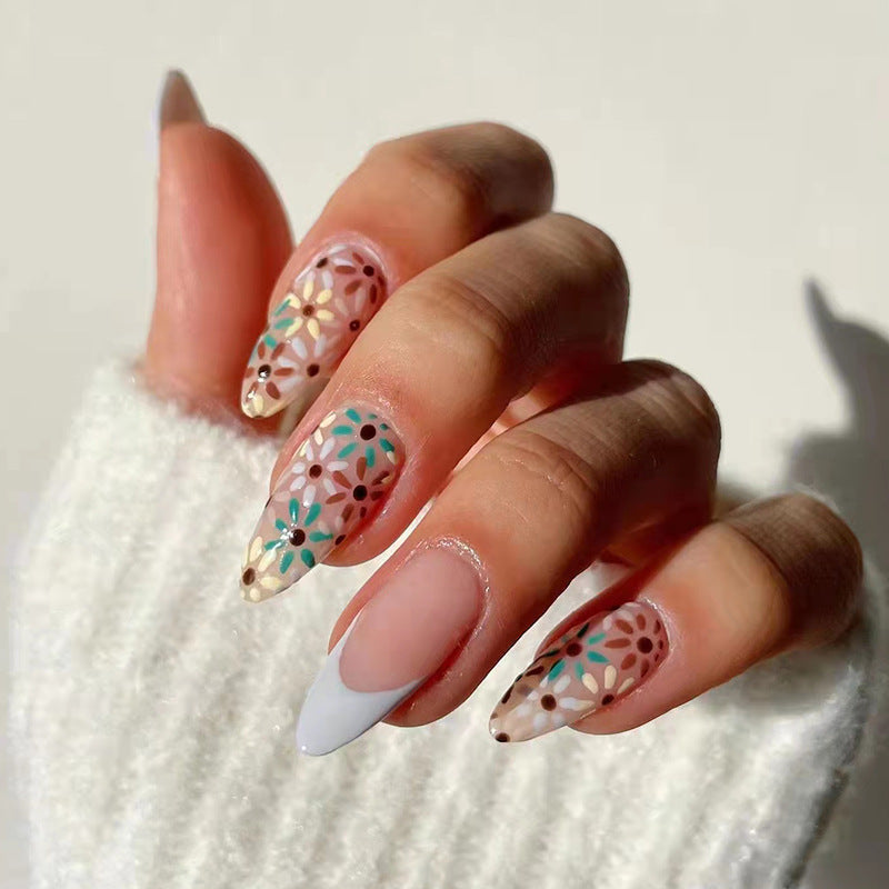 Ongles press-on été, bord blanc, fleurs rouges et vertes French, pièces d'ongles spéciales, pièces d'ongles détachables｜365nails