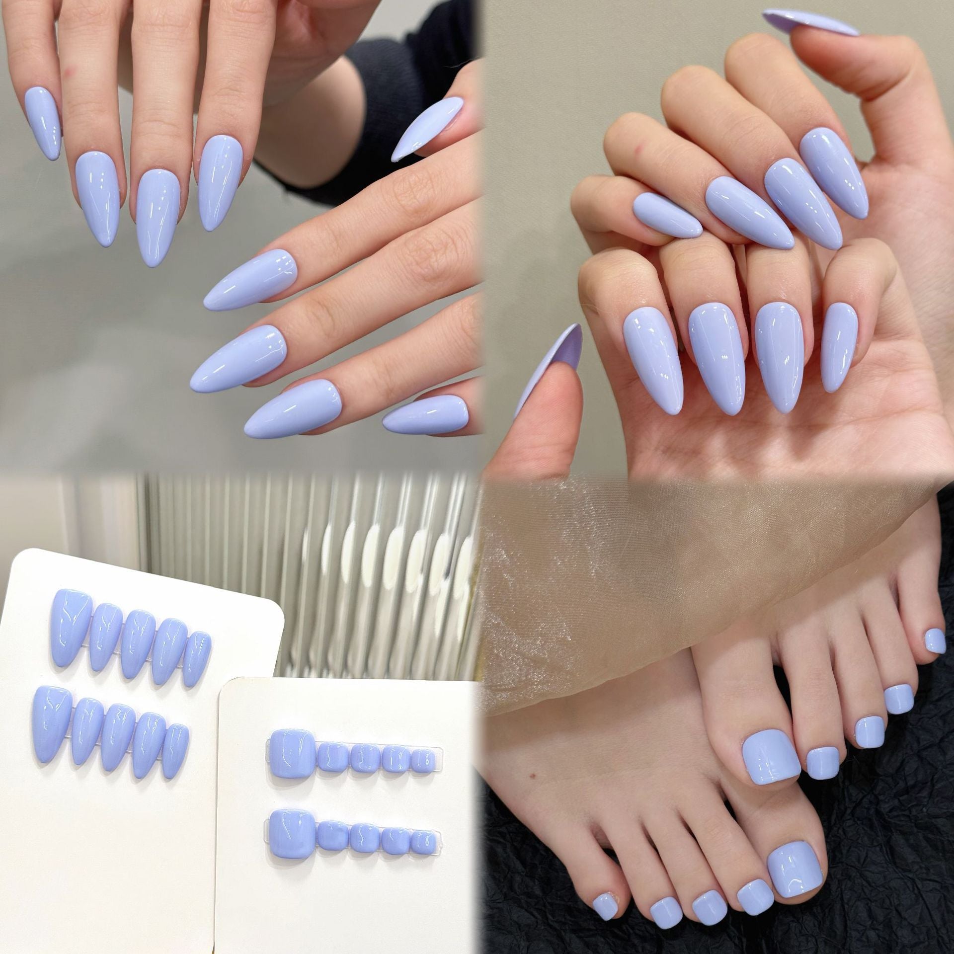 Unhas postiças femininas cor sólida, azul-claro, roxo, amêndoa, simples, para uso diário | 365nails