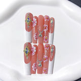 Coral White Floral Crystal Elegant Press On Nails