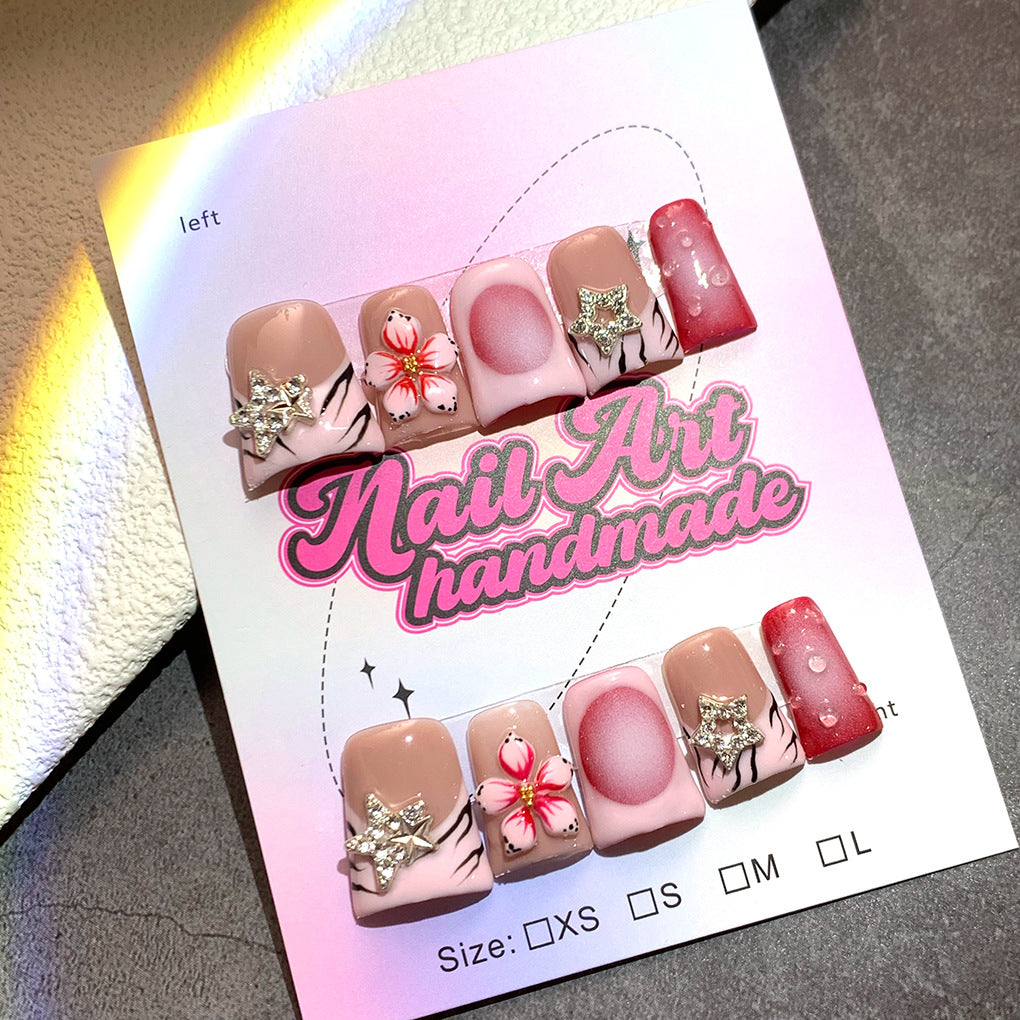 Nude Red Star Floral Press On Nails