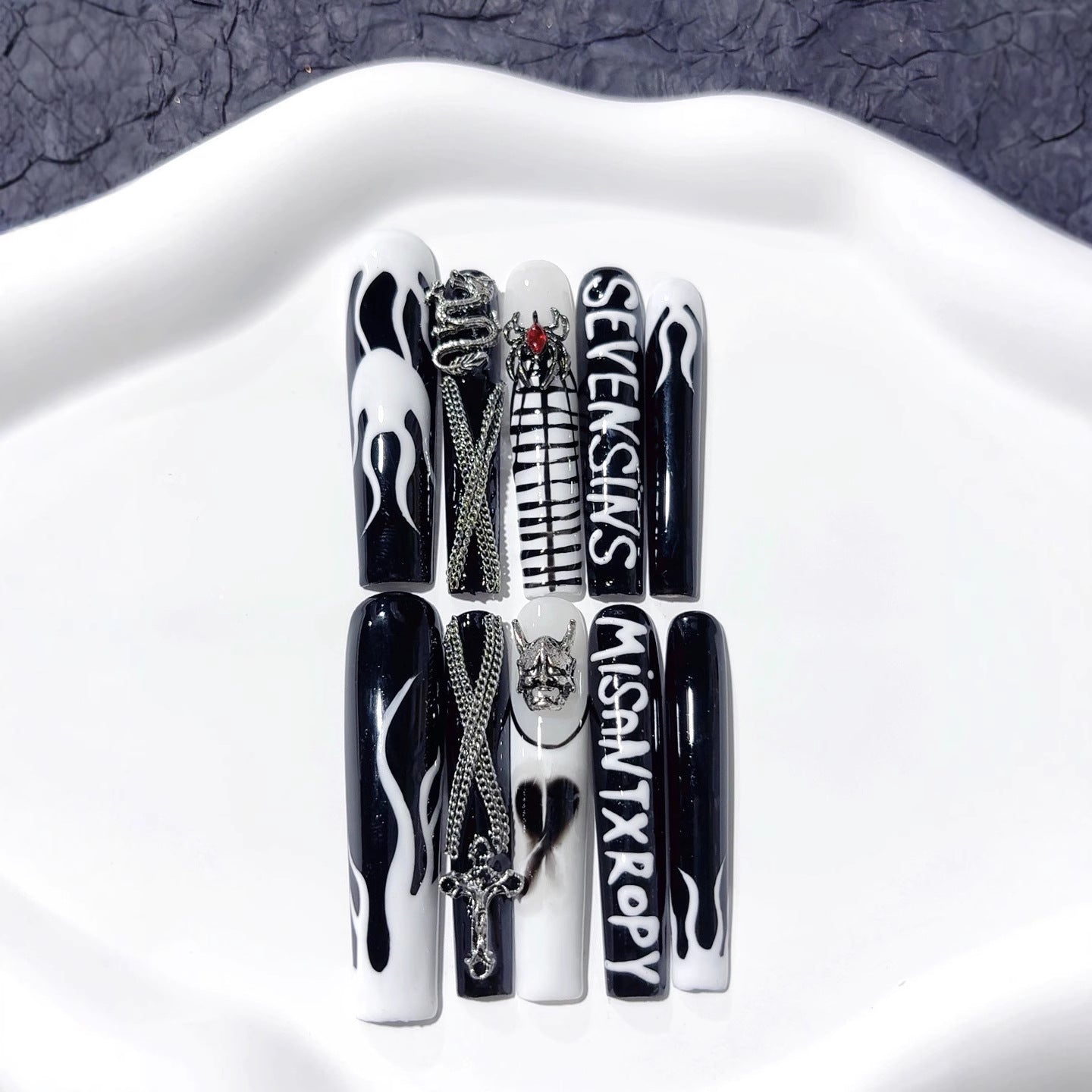 Black White Gothic Cross Flame Statement Press On Nails