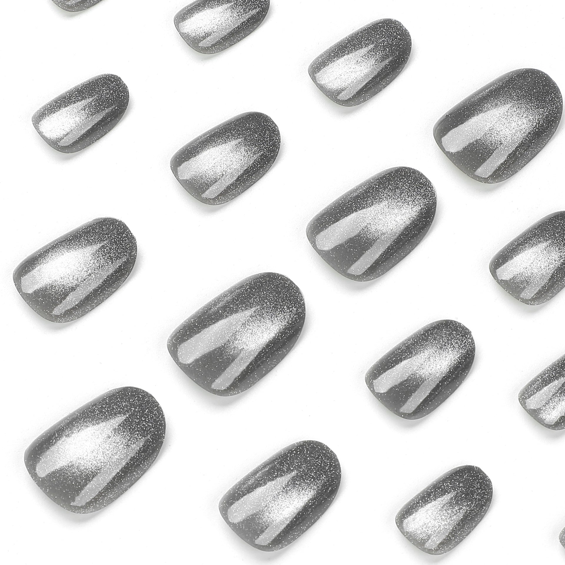 Unhas falsas curtas cinza com patch de olho de gato para decoração de unhas, verão ｜365nails