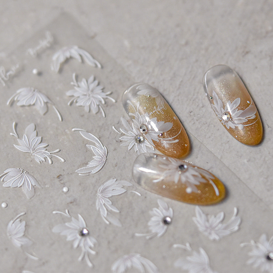White Floral Crystal-Diamond: "Ethereal White Floral" – 5D Embossed Nail Sticker