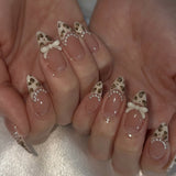 Almond French Leopard Print Short Pearl Bow press-on nails