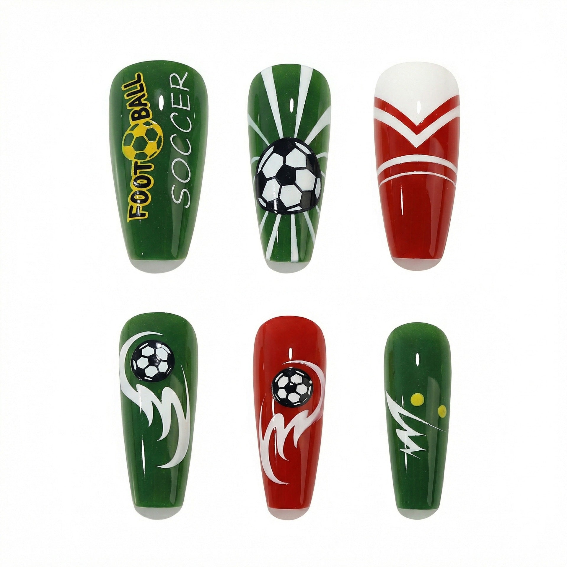 Unhas Postiças (Press-On) Padrão Futebol Verde e Vermelho Entusiasmado da Copa do Mundo (Brilhante/24unid/Formato Caixão)