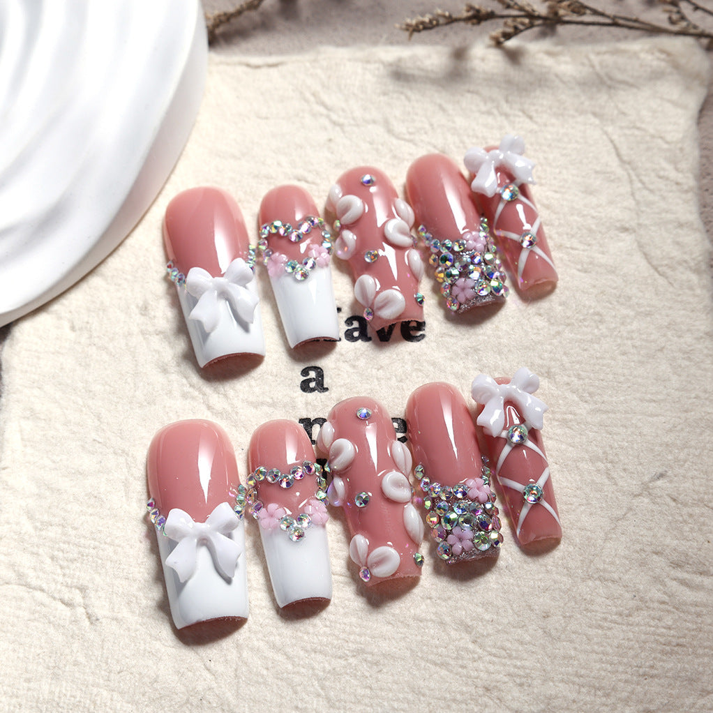 Blush French Floral Crystal Embellished Elegant Press On Nails