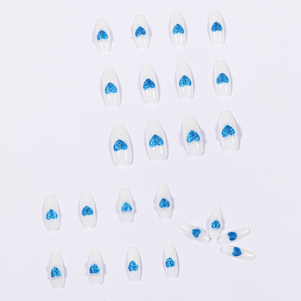 Glitter Blue Heart Full of Pearls Wear Nail Art Finished Fake Nail Nail Art Patch Nail Patch Removable Nail Patch｜365nails