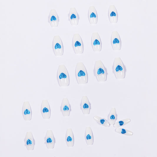 Glitter Blue Heart Full of Pearls Wear Nail Art Finished Fake Nail Nail Art Patch Nail Patch Removable Nail Patch｜365nails