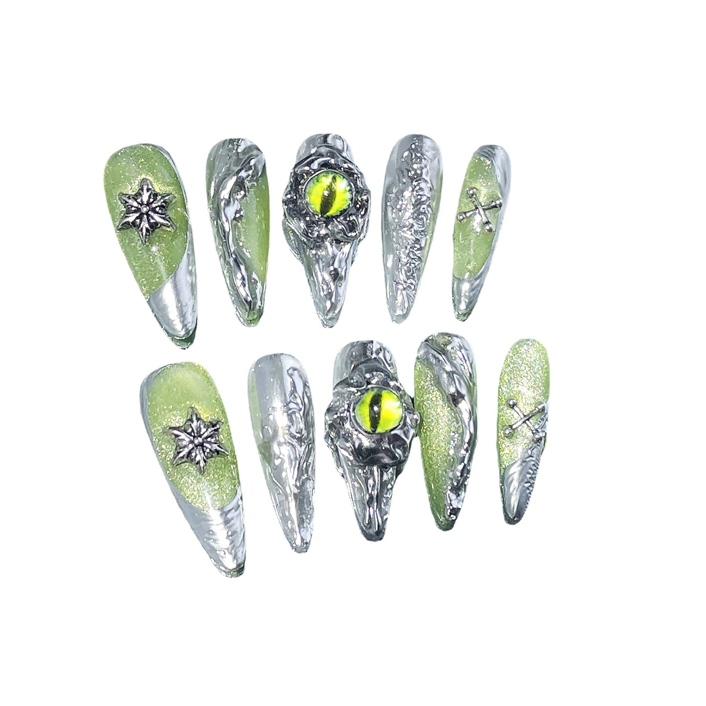 Explosão de estilo, ponta longa escura, unhas postiças feitas à mão, olho de goblin, remendo de unha longo de cor mágica de metal no atacado ｜ 365nails