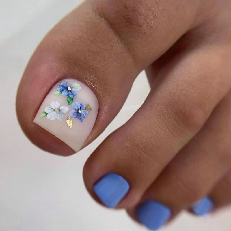 Manicura de flores azules Morandi mate fresca de verano, uñas postizas sencillas blancas, estilo viento, para uso especial | 365nails