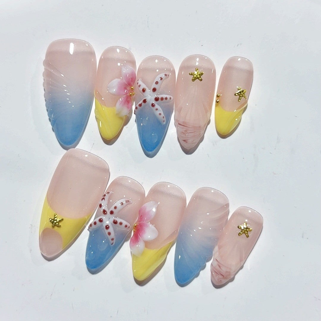 365nails：「海灘海星與雞蛋花」– 中長款杏仁形海洋花卉手工製穿戴甲