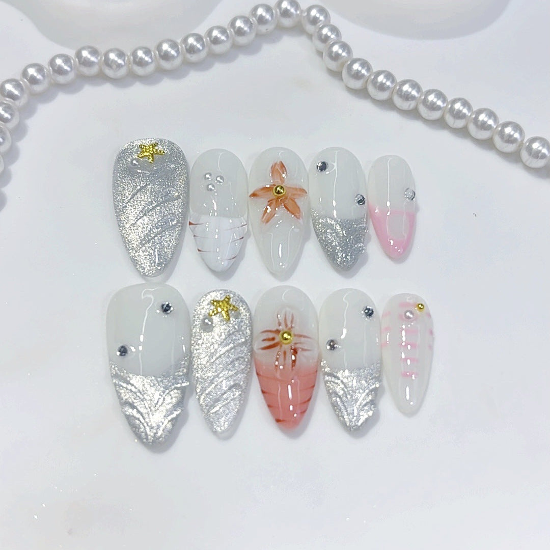 Ocean Star: "Silver Glitter Flower" – Almond Shape Handmade Press-On Nails