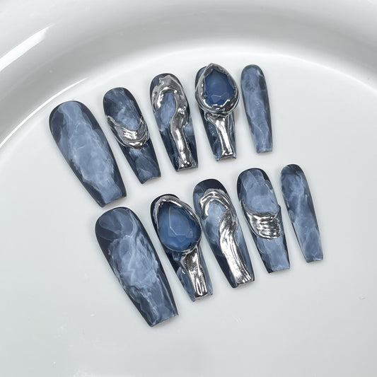 Light luxury heavy industry handmade press-on nails watercolor smudge advanced long nail art patch metal three-dimensional modeling fake nails｜365nails