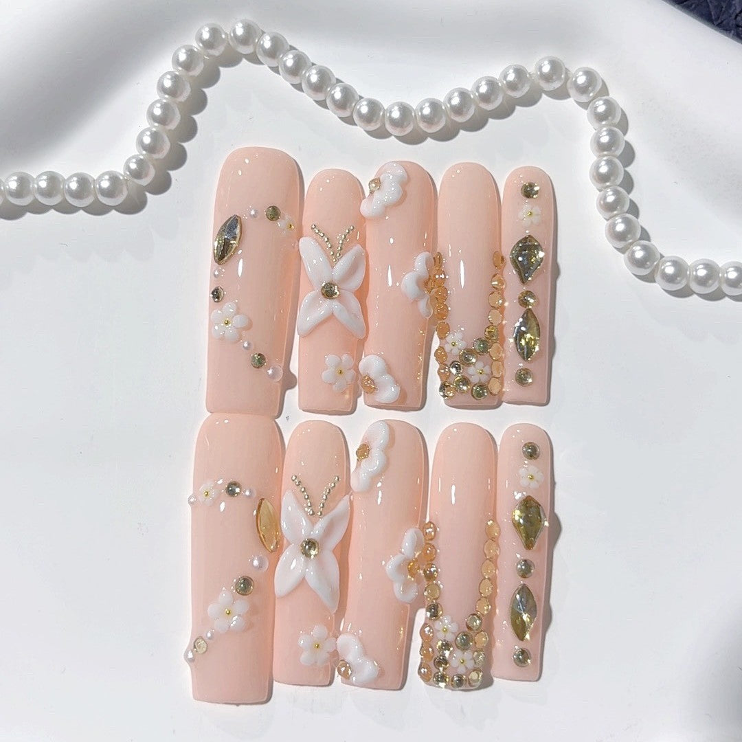 Peach Blossom Pearl Crystal Press On Nail Set