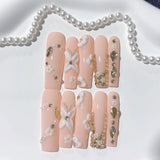 Peach Blossom Pearl Crystal Press On Nail Set