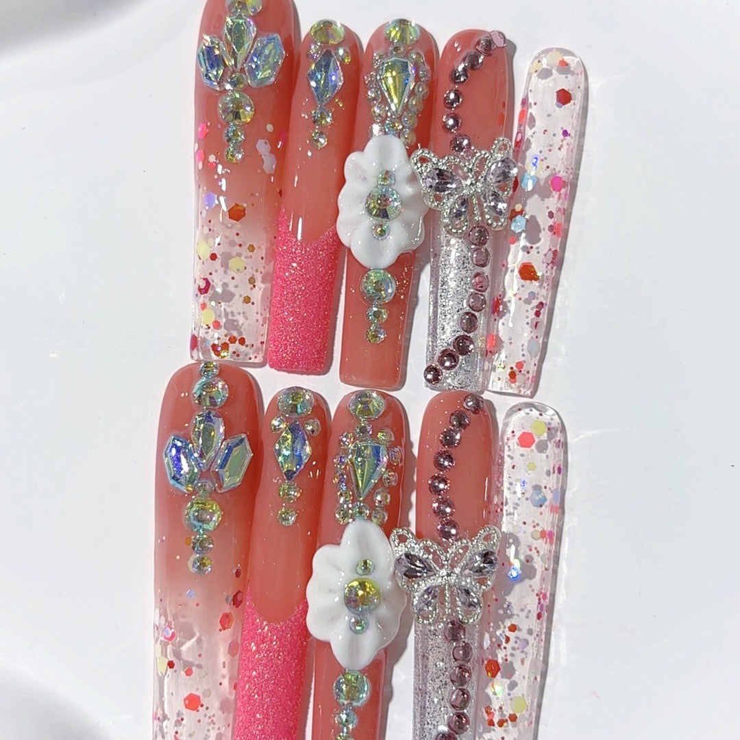 Rose Glitter Butterfly Crystal Press On Nail Set