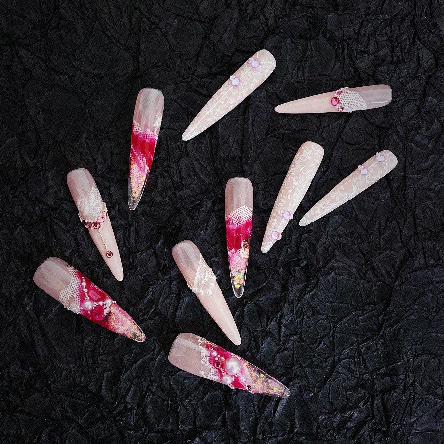 [Yin Juan]New Chinese Pure Desire Wind Hand-painted smudged cheongsam floral quicksand flow hemp press on nail