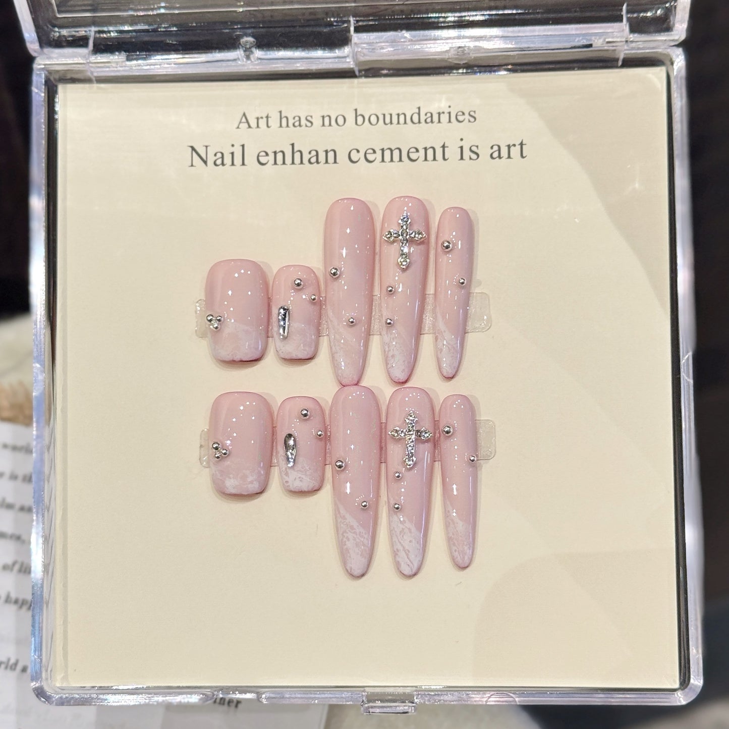 Elegant Pink Crystal Cross Glam Nails