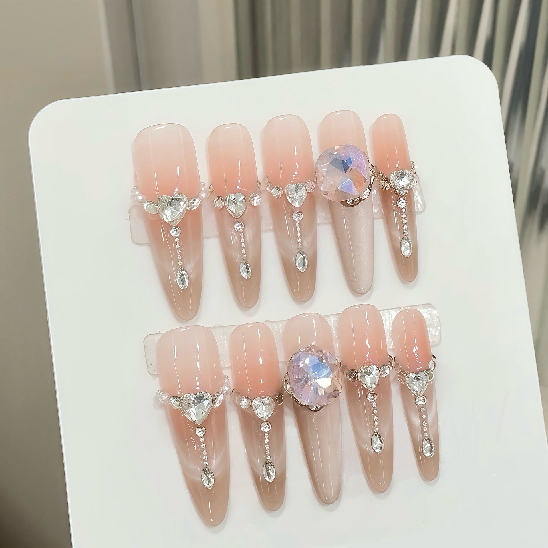 365nails: "Celestial Tears" – Iridescent Crystal & Heart Charm Handmade Long Almond Nails
