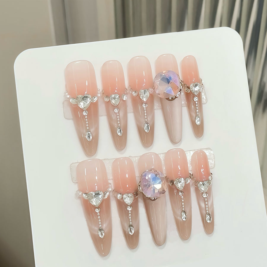 365nails: "Celestial Tears" – Iridescent Crystal & Heart Charm Handmade Long Almond Nails