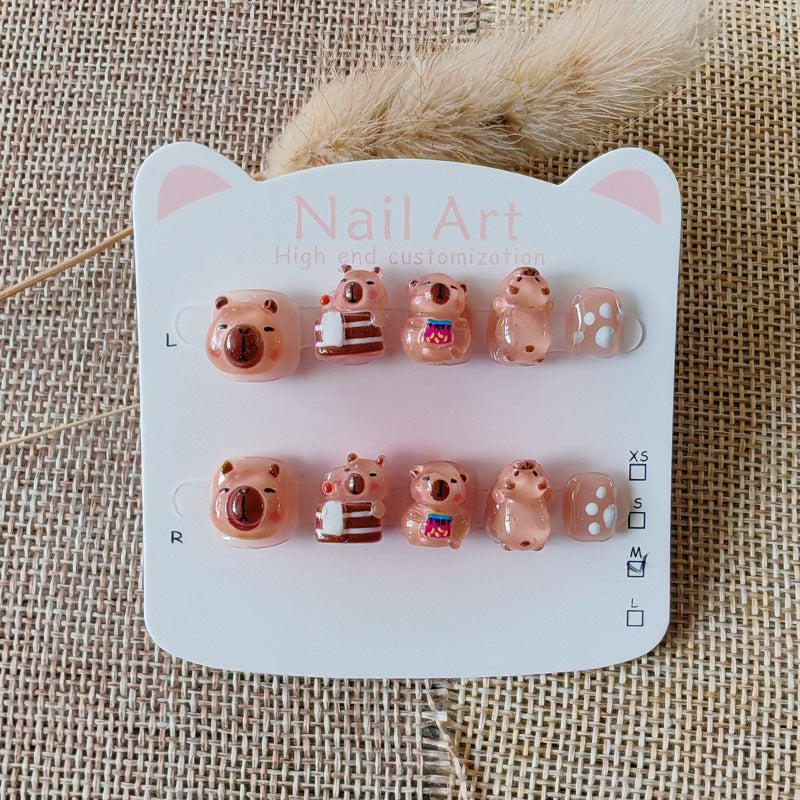 365nails: "caramel bakery bear" – unhas postiças redondas curtas artesanais para crianças