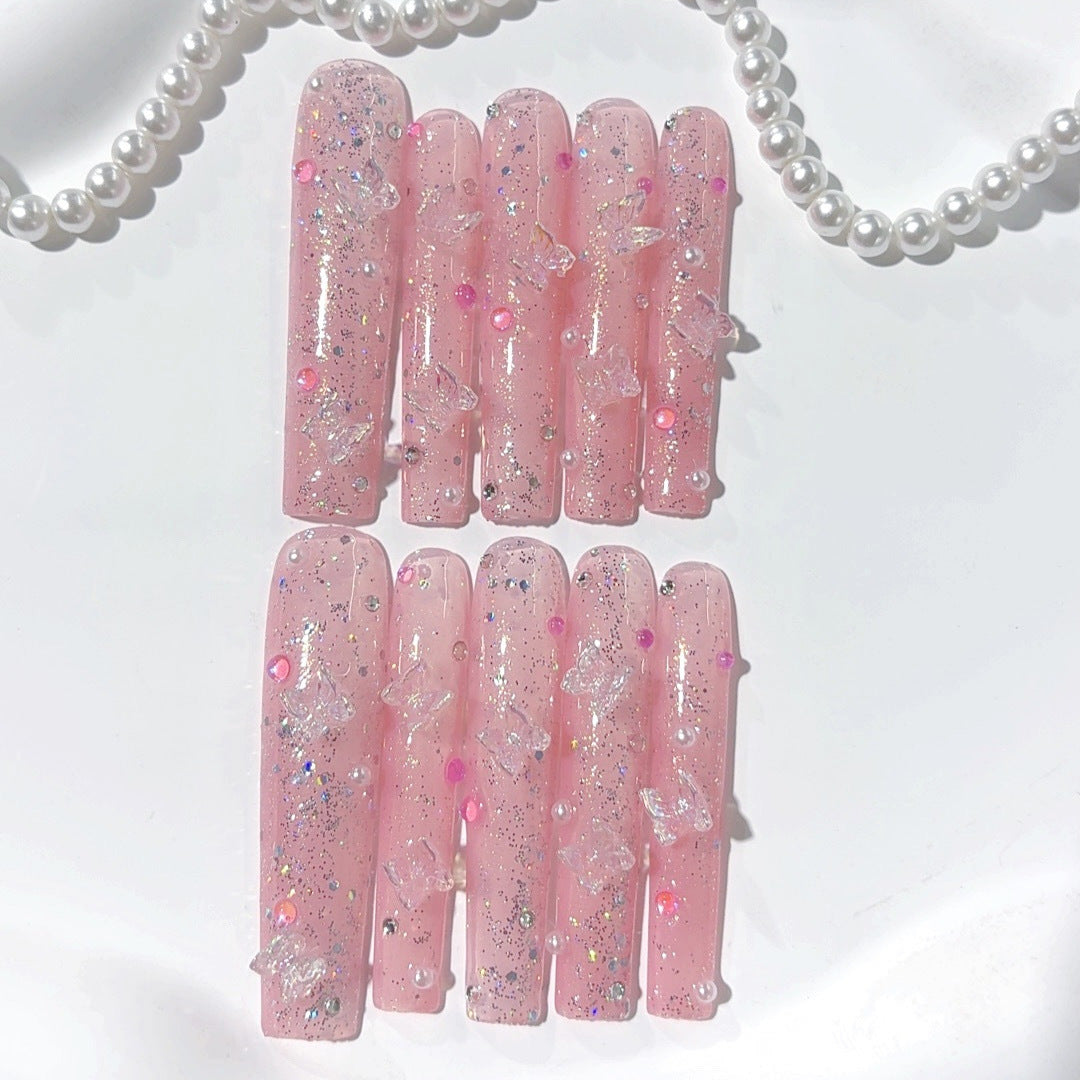 365nails: "Pink Butterfly Glitter" – Extra Long Square Glittery Pink Butterfly Handmade Press-On Nails