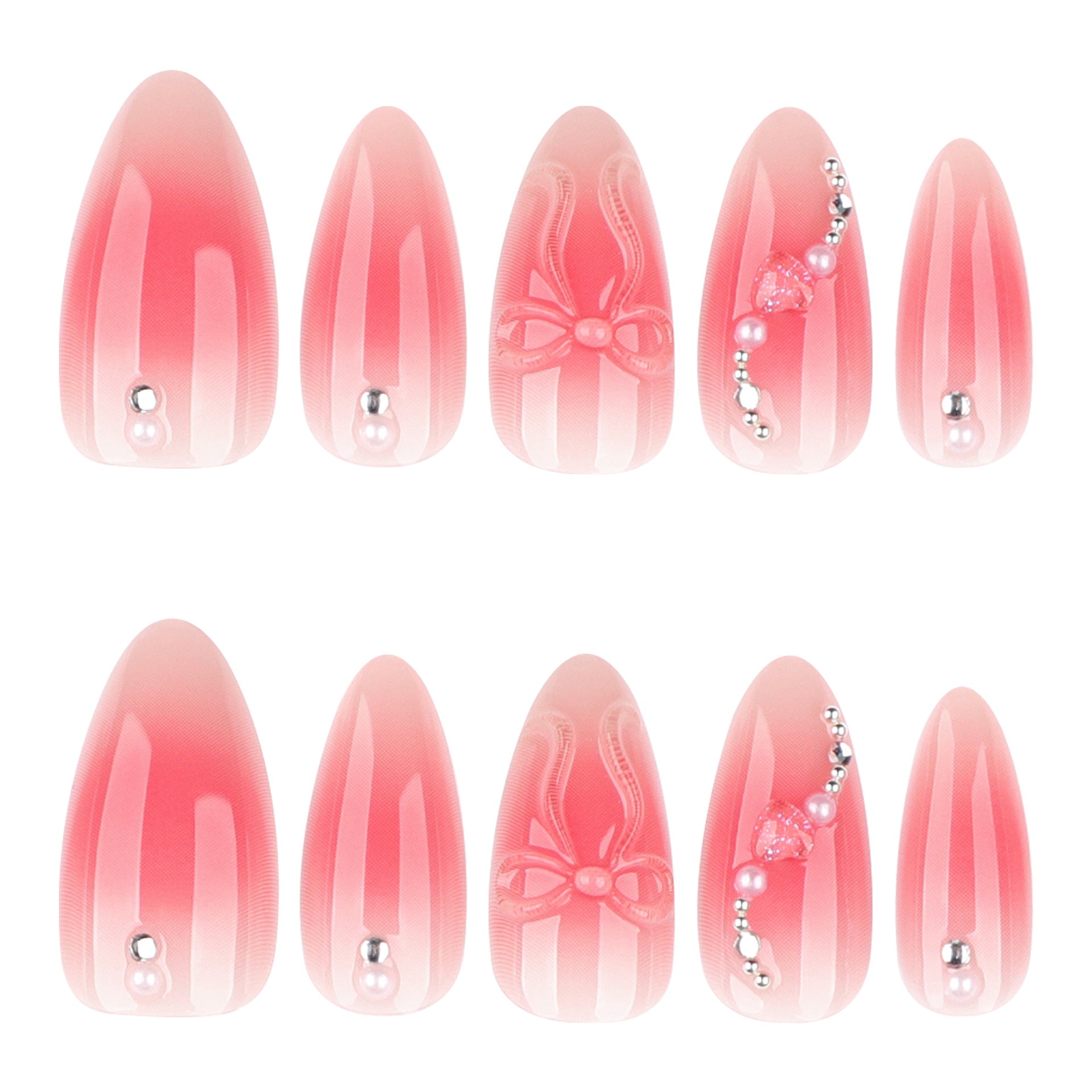 Pink Gradient Bow Charm Almond Nails