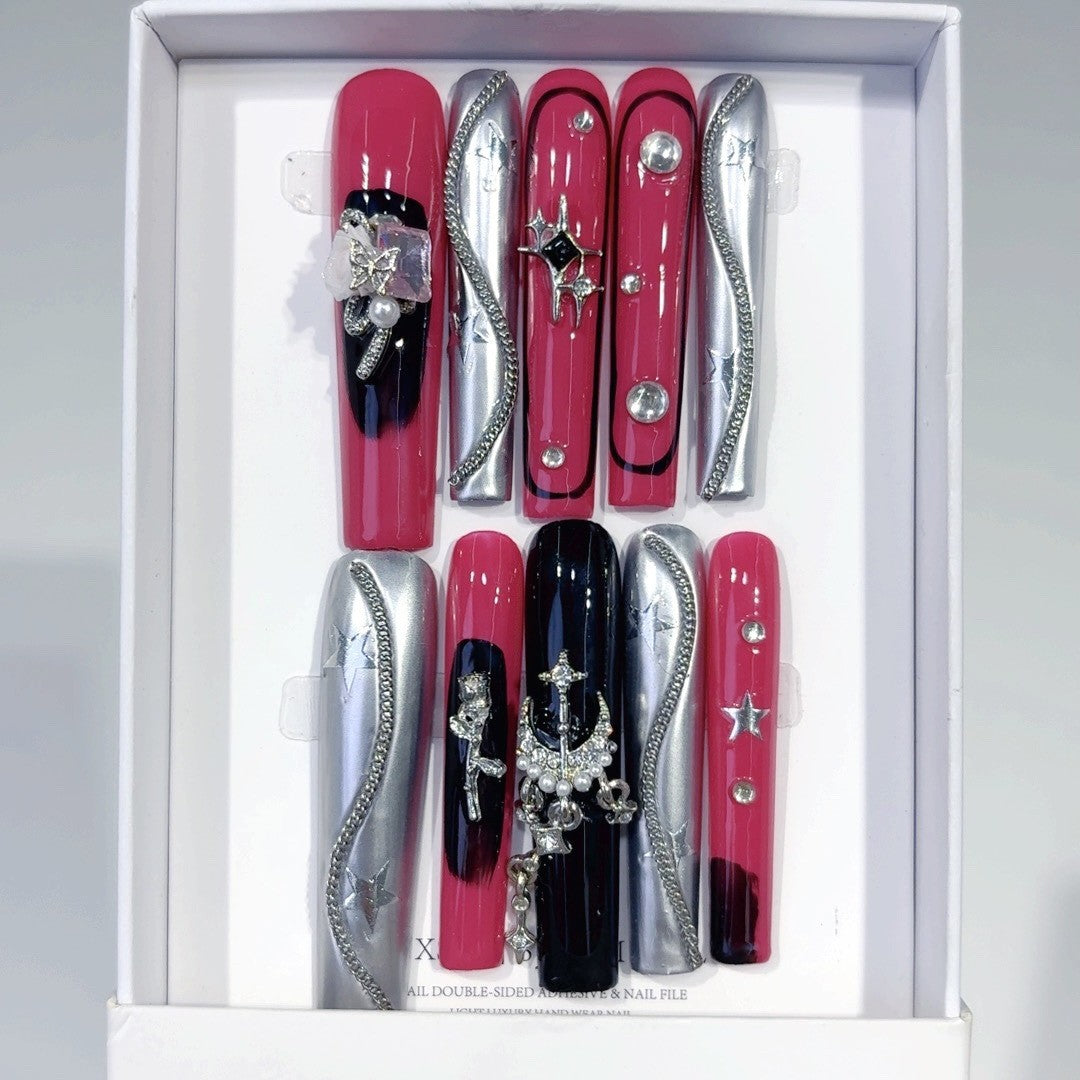 Red Silver Metallic Cross Statement Press On Nails