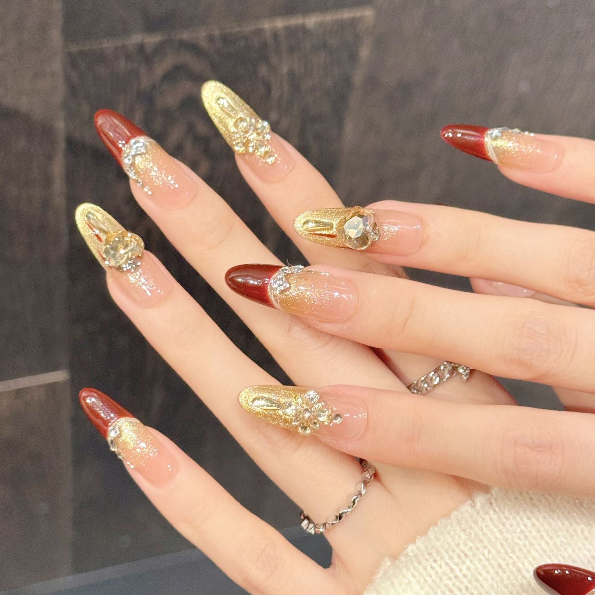 Red Gold Crystal Luxury Press On Nails
