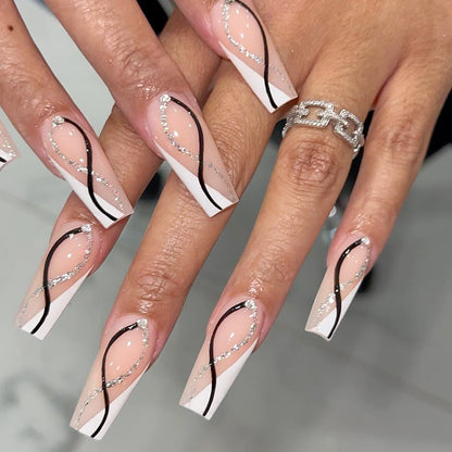 Silver glitter point drill press-on nails wholesale white splicing black line nail piece press on nails｜365nails