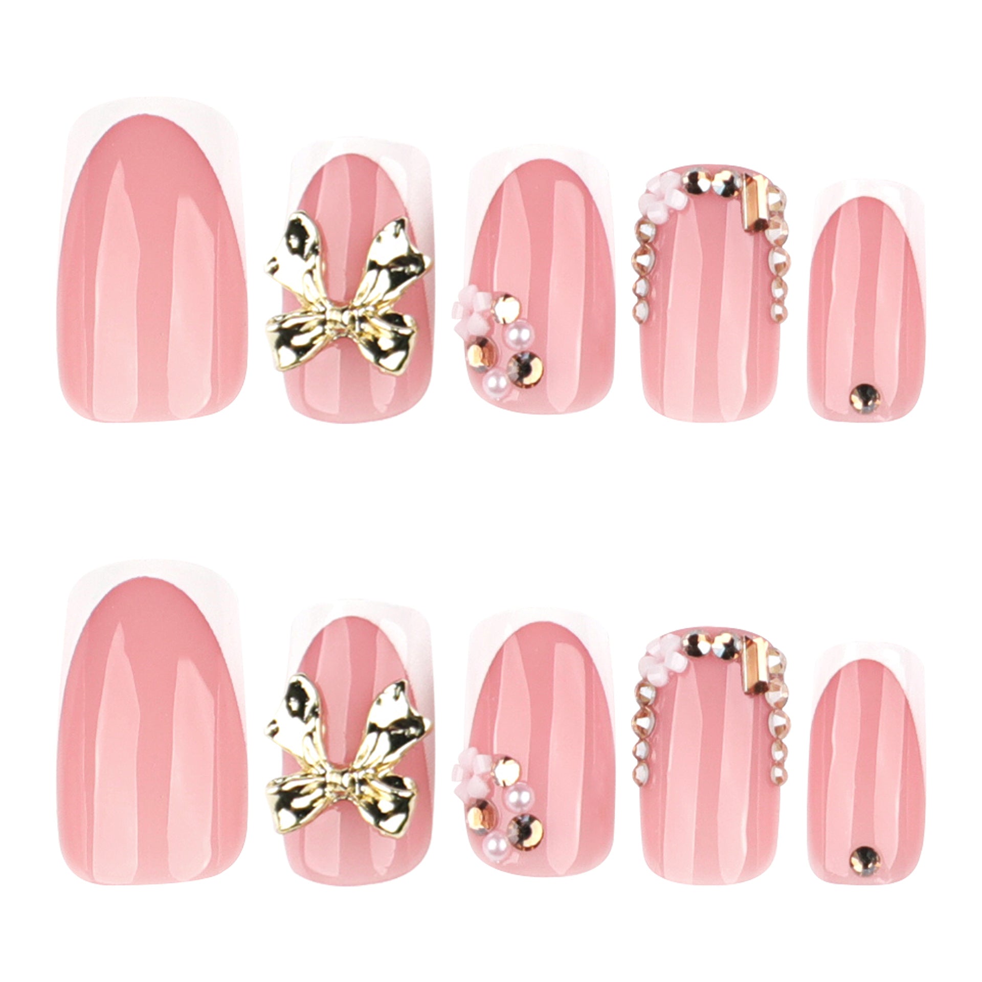 French Square Press On Nails with Gold Bow & Rhinestone Accents