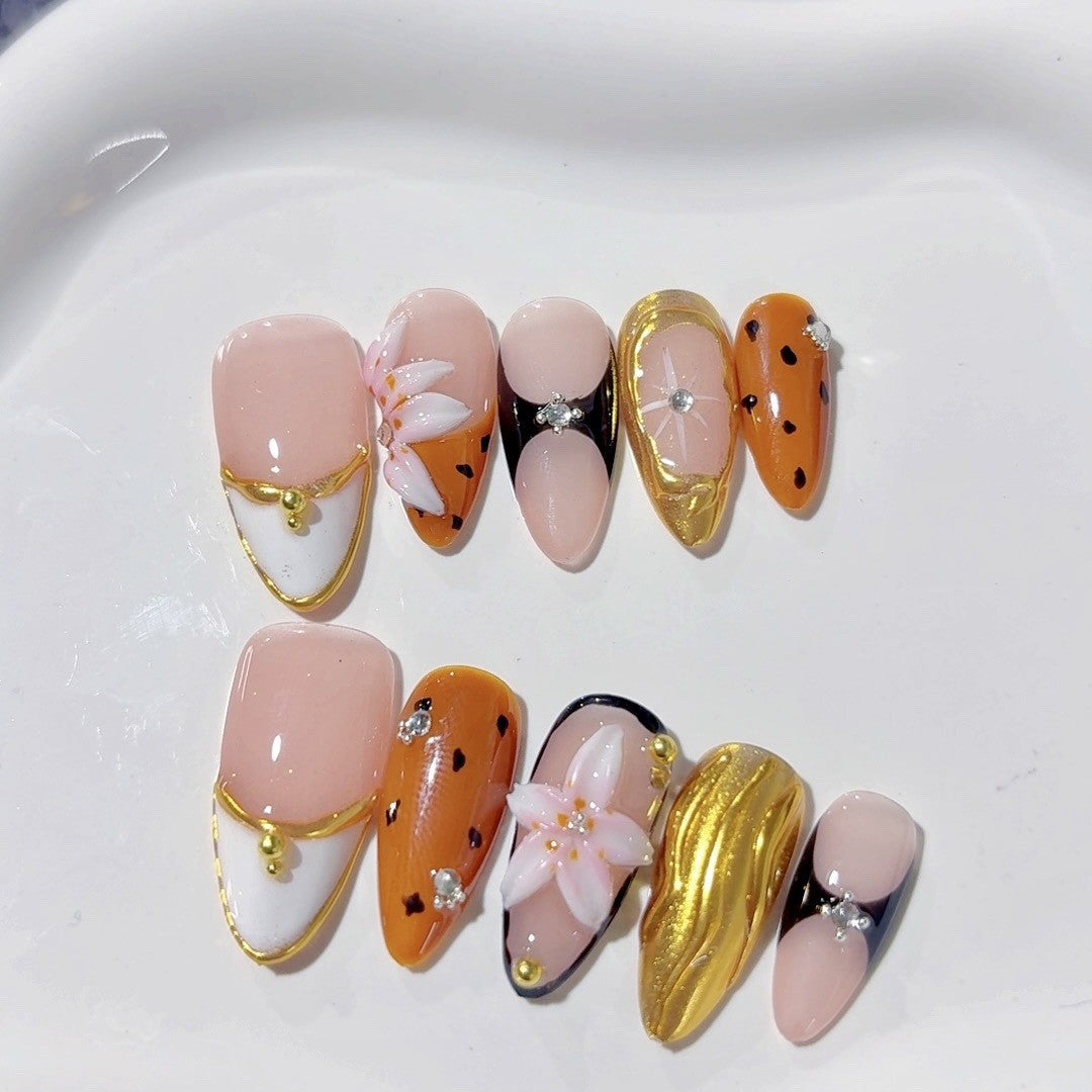 Wild Bloom: "Amber Leopard Lily" – Almond Press-On Nails