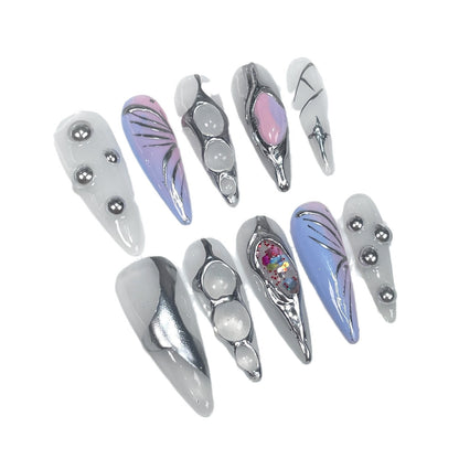 Handmade press on nails two-color gradual change ice through irregular metal relief  long pointed nail art wearable fake nails｜365nails