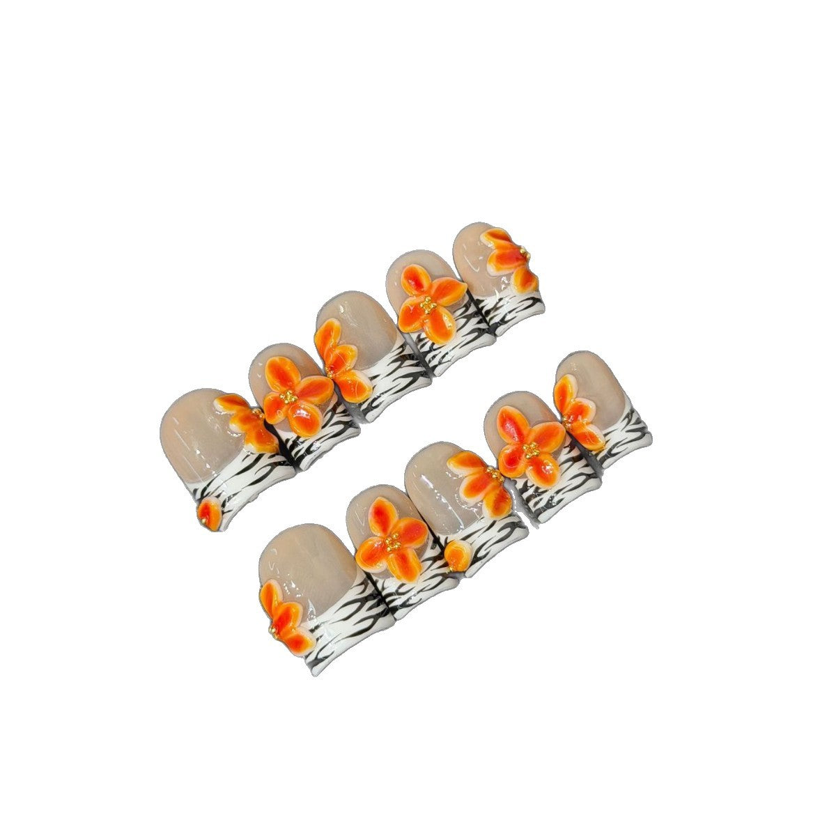 365nails: "Sahara Bloom" – 手工製短款方形穿戴甲，3D 橙色花朵與動物紋路