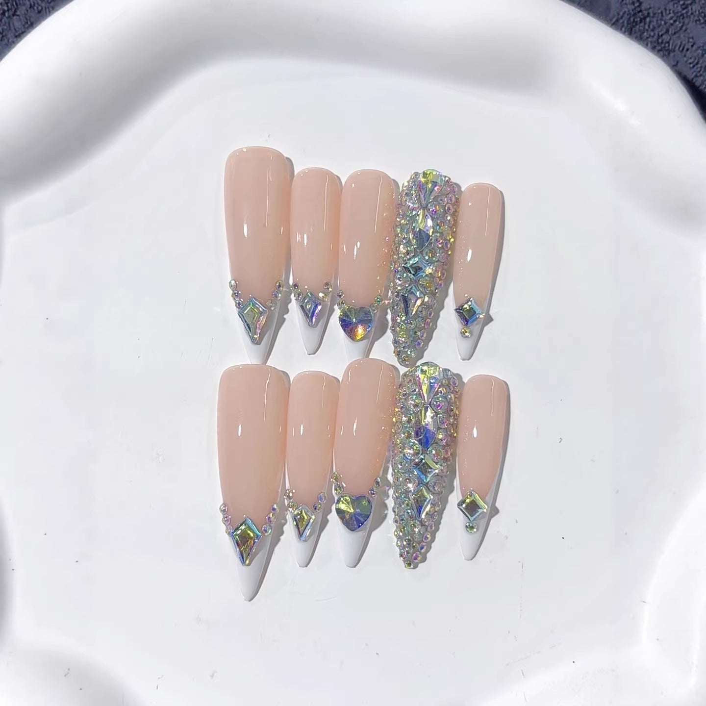 Nude Crystal French Glam Statement Press On Nails