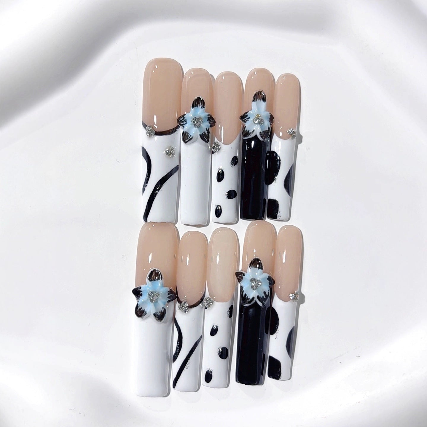 Black White Floral Extra Long Coffin Press On Nails