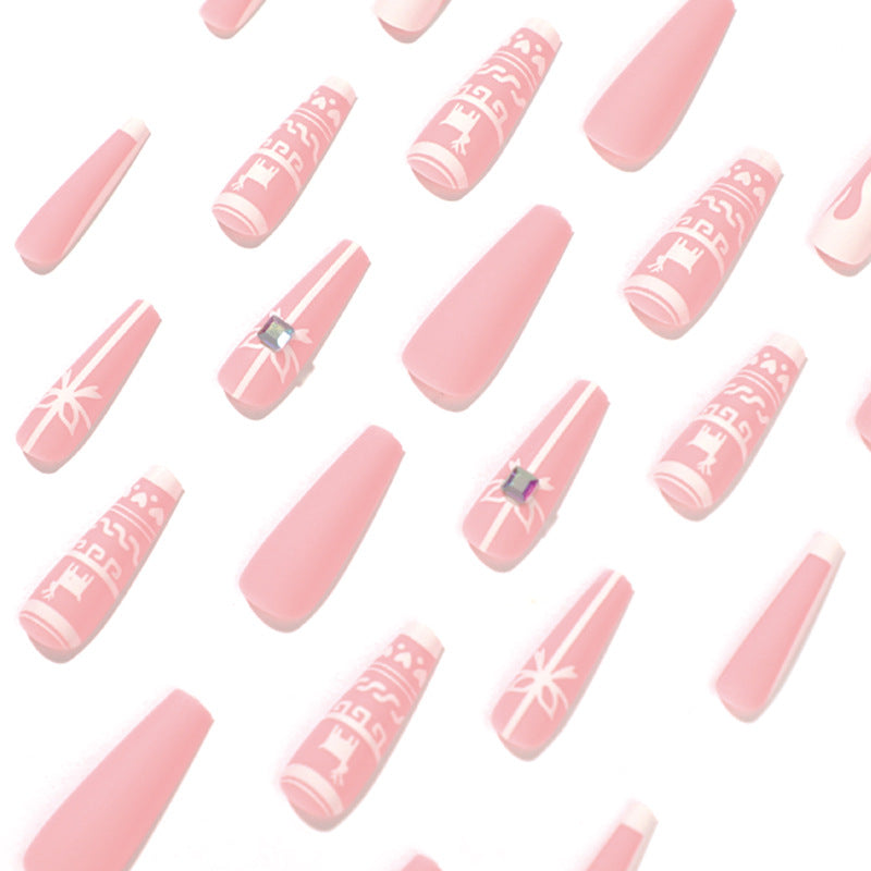 Wear nail pads Elk Christmas fake nails Pink white contrasting rhinestone nail pads Wholesale nail pads｜365nails