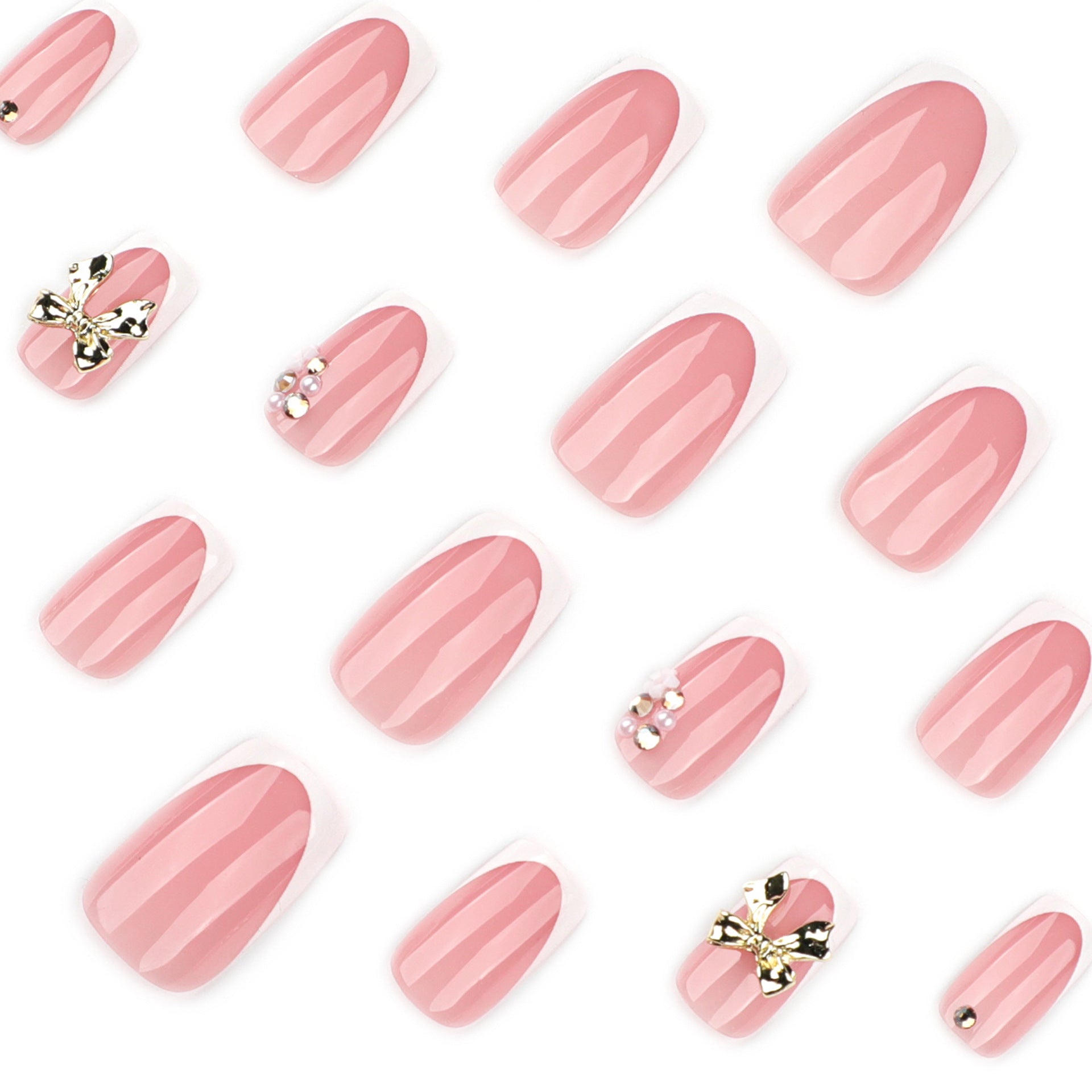 French Square Press On Nails with Gold Bow & Rhinestone Accents