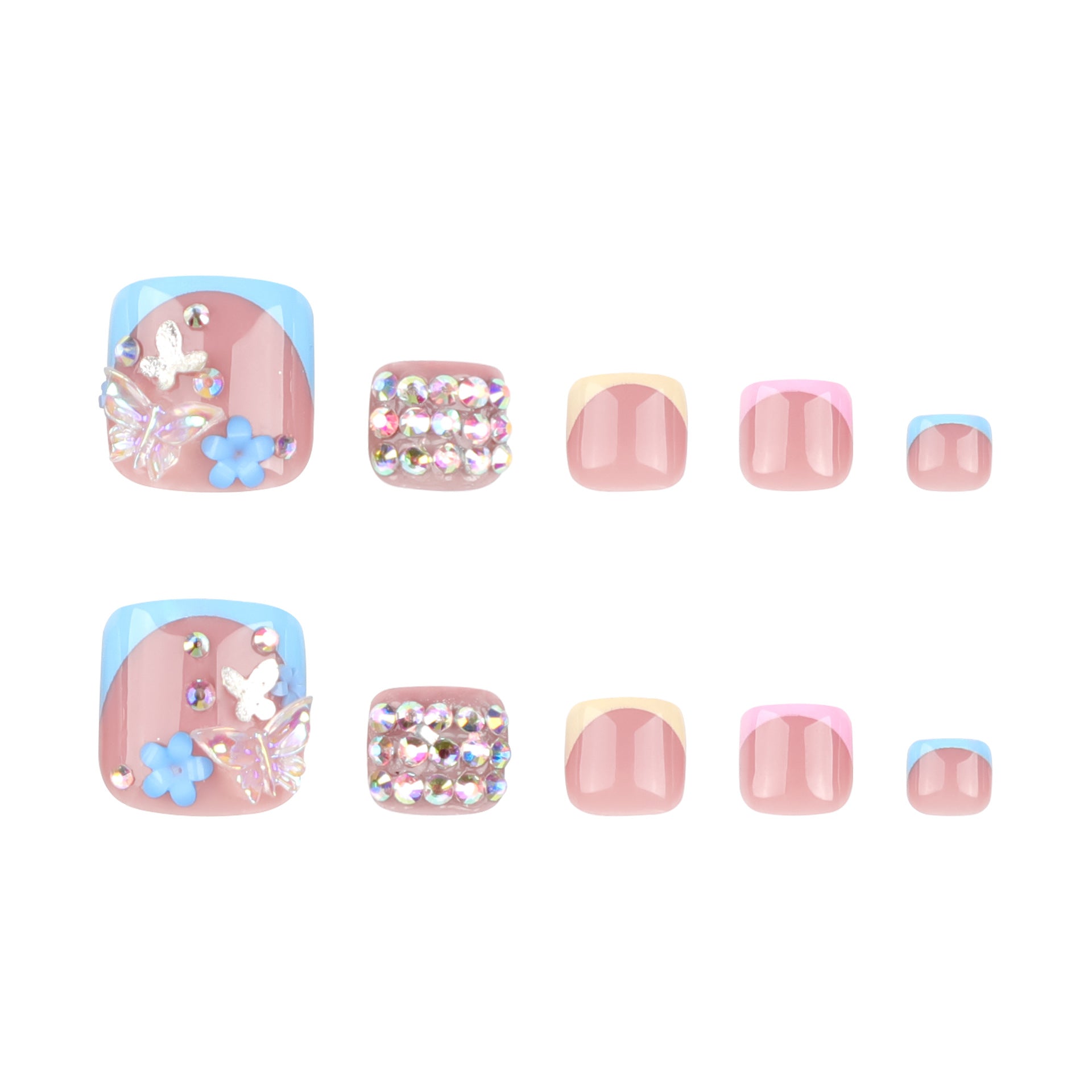 Uñas francesas para los pies con punta de taladro, uña mariposa, pieza de uña, destello de diamante, manicura de pie corta | 365nails