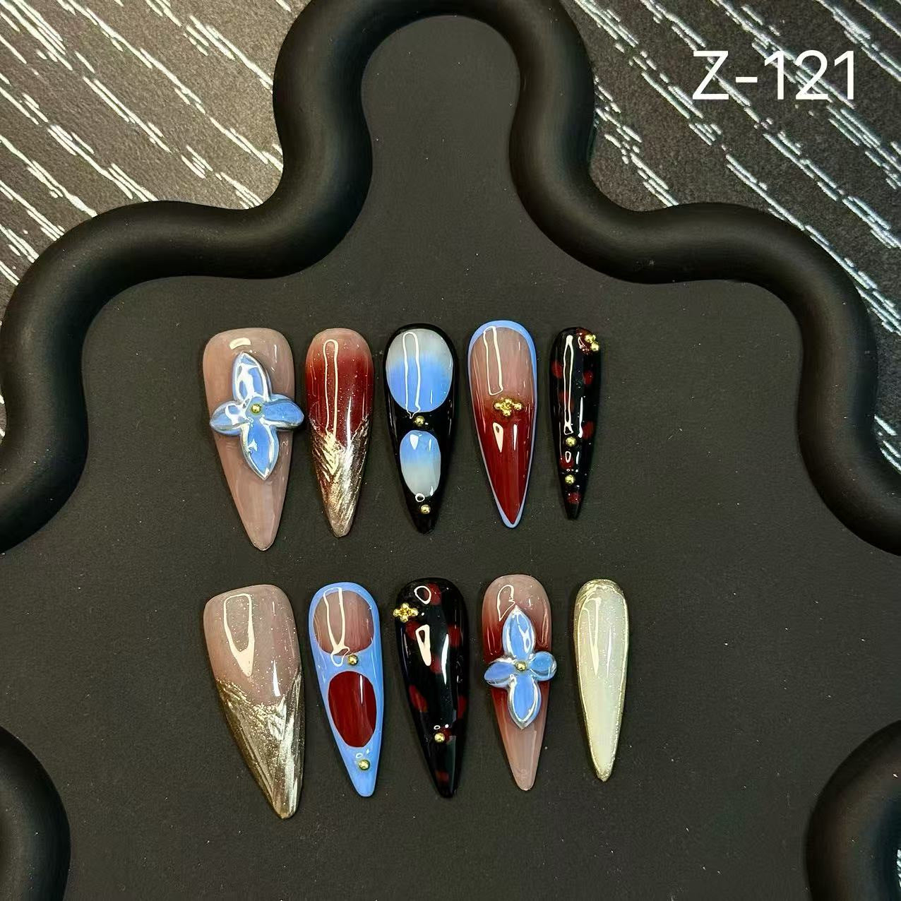 365nails: "Royal Bloom" – 3D Flower & Gold Leaf Handmade Stiletto Nails