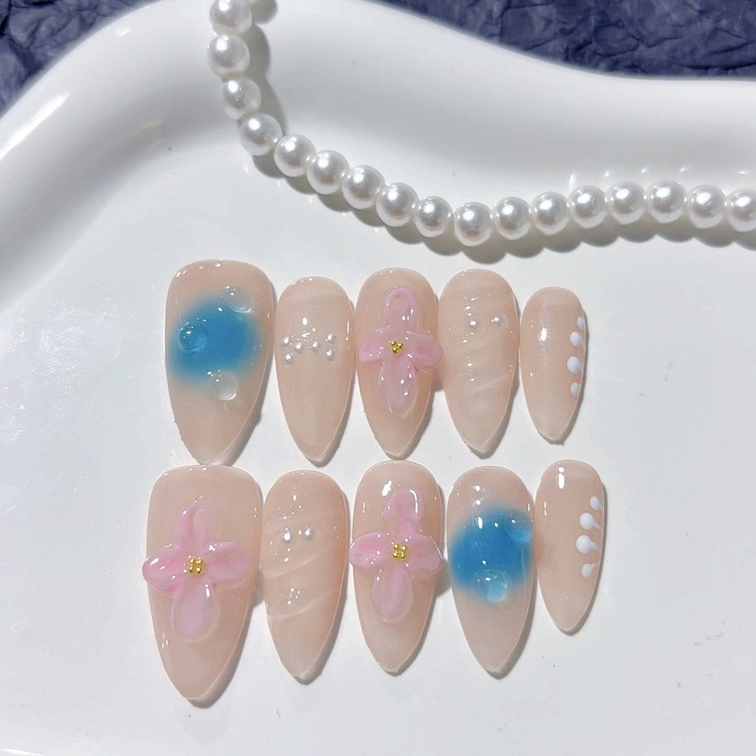 365nails-Lotus Whisper: "3D Ice Lotus" – Medium Almond Handmade Nails