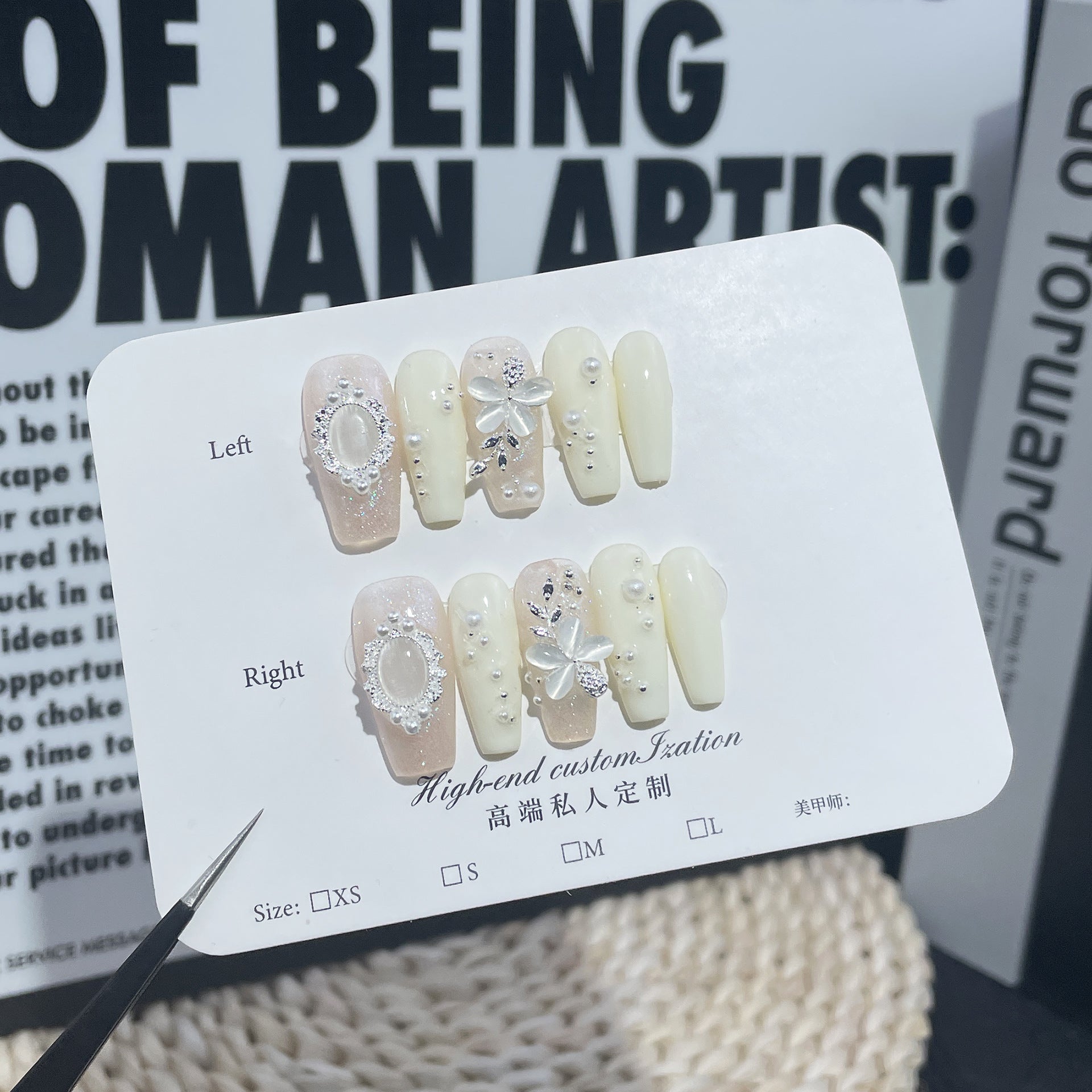 Unhas postiças artesanais, flor de opala perolada, médias e longas, adesivo de unha leve e luxuoso premium ｜ 365nails